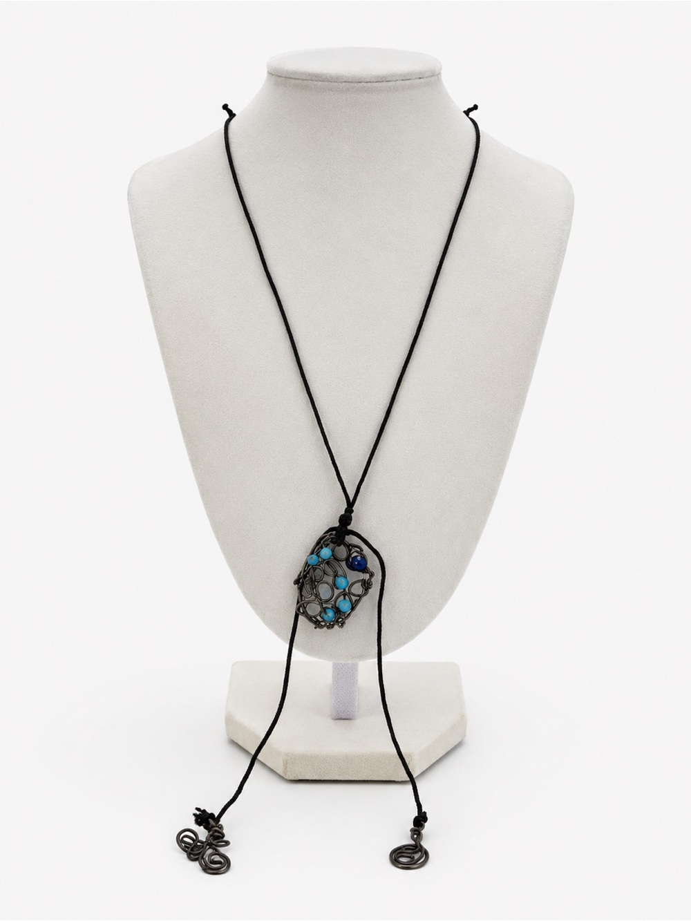 Handmade Adjustable Cord Necklace – Wire Wrapped Blue Bead Artisan Pendant